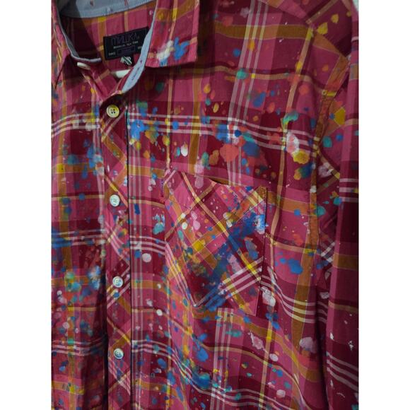 Mishka Mnwka Large Long Sleeve Button Up Pink Plaid Paint Splatters - Picture 3 of 5